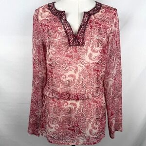 La Boutique Y2K Paisley Silk Tunic Blouse Boho Gypsy Ethereal Sheer Size 4/Small